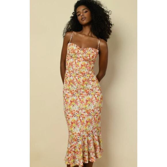 Anthropologie Dresses & Skirts - Anthropologie Hutch Bustier Sweetheart Midi Dress Floral Ruffle Orange Women's S